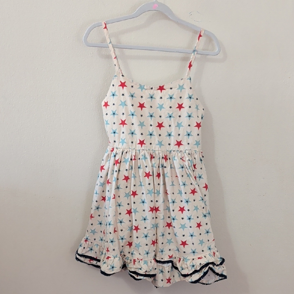Girl August White Star Print Sundress with Red and Blue Stars Ruffle Hem Size 8